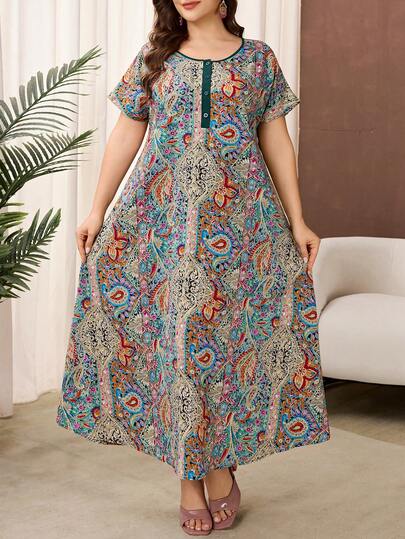 Lacomfia Vestido holgado, elegante y cómodo de manga corta para mujer de talla grande