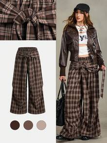 ROMWE EDITION Y2K Vintage Distressed Plaid Wide Leg Maxi Pants For Women - Brown - View 1