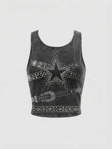 ROMWE Grunge Punk 朋克铆钉腰带，星形音乐节朋克宝贝印花女式背心 - 黑色 - 查看 1