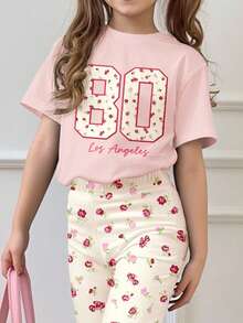 SHEIN 奶油粉和奶油白，复古甜美少女BM风格仿贴花花卉字母印花，少女休闲简约短袖圆领T恤和喇叭裤两件套，适合春夏日常穿着，春夏穿搭，轻松舒适，时尚童装，休闲服饰，儿童花卉图案服装，返校季，春夏服装，BM，休闲，波西米亚风，波西米亚花卉 - 彩色 - 查看 3