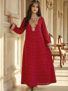 SHEIN Red Polka Dot Woven Print Pattern Robe For Teen Girls, Casual, Vacation, Daily Wear, Modest Arabic Jalabiya Style,Kids - Red - View 8