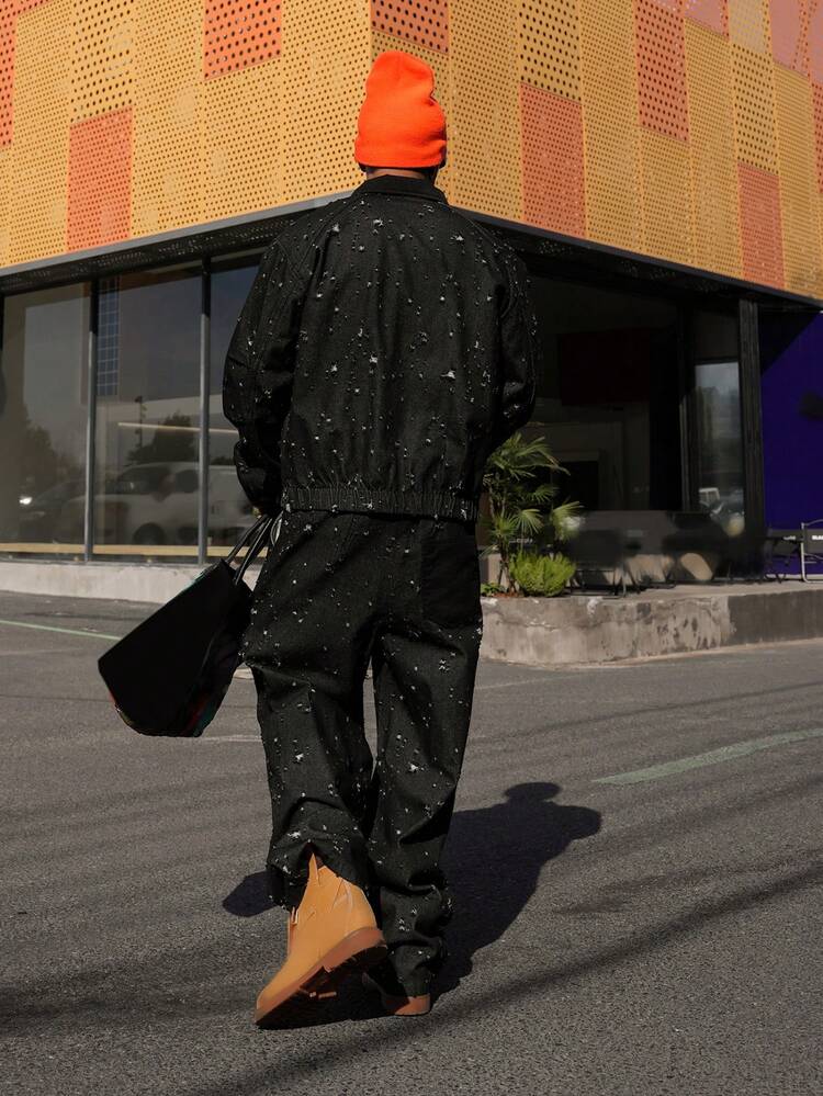 Men's Distressed Black Denim Suit Set, Suitable For Spring And Autumn