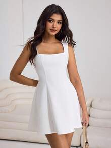 Aidyla White Waist-Cinching Tie-Up Dress, Sexy French Minimalist Style For Dates, Parties - White - View 4