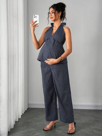 Momance 两件套孕妇装：露背系带蝴蝶结装饰A字褶皱上衣 + 条纹直筒裤