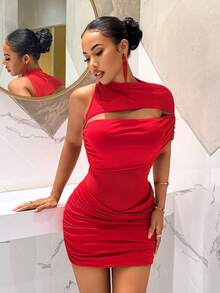 Slaydiva 2025新款网纱拼接镂空黑色迷你连衣裙，适合派对、生日、酒吧、夜店、情人节、万圣节、圣诞节等场合。 - 紅色 - 查看 6