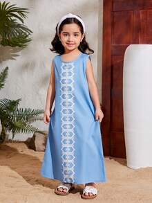 SHEIN 2-częściowy skromny zestaw szaty i sukienki z nadrukiem totemu w kwiaty na obchody Eid, pasujące do matki i córki - Niebieski - Zobacz 8