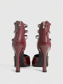CUCCOO LuxiPop Women Shoes Women's Pointed High-Heeled Pu Light Fabric, Fashionable, Simple And Comfortable, Buckle For Daily Parties And Banquets, Rear Zipper Shoes - Burgundy - View 4