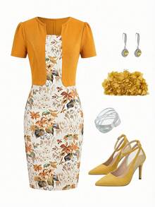 Ellevyn Vestido ajustado de verano con estampado floral y mangas de globo, con diseño 2 en 1 - Amarillo - Ver 4