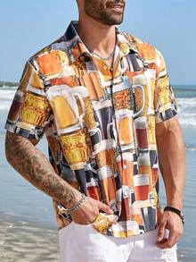 ResortEase 男士加大码啤酒印花短袖纽扣衬衫，适合度假、海滩穿着，男士度假衬衫，男士夏威夷印花衬衫，男士夏季衬衫 - 彩色 - 查看 3
