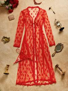 PinupPomp 两件套浪漫复古性感内衣：深V领蕾丝拼接系带透视心形印花连衣裙+丁字裤，情人节魅力之选 - 紅色 - 查看 8