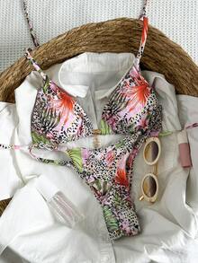 Elavelle Bộ bikini gợi cảm cổ yếm in họa tiết ngẫu nhiên dành cho nữ, trang phục đi biển mùa hè. - Nhiều màu - Xem 3