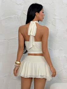 SHEIN PETITE 女士黄色雪纺吊带褶皱背心和雪纺褶皱双层荷叶边A字裙，女士两件套，优雅两件套，春夏装 - 黃色 - 查看 2