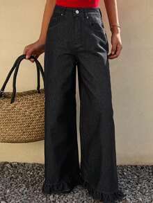 DAZY 女士常规腰围花卉蕾丝边直筒休闲牛仔裤 - 深色水洗藍 - 查看 1