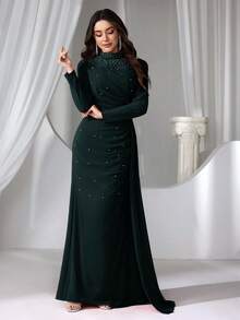 Coutiva 女士立领仿珍珠装饰长款晚礼服 - 墨綠色 - 查看 4