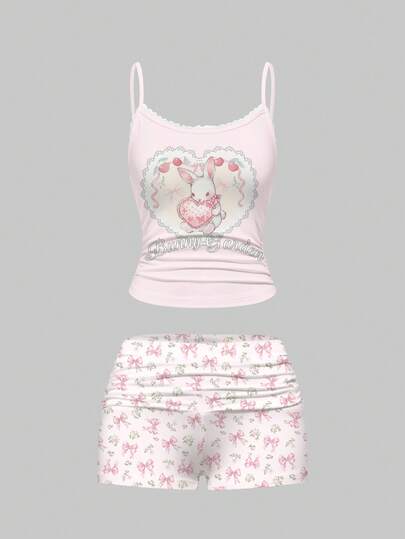 ROMWE Kawaii Cute & Charming Rabbit, Butterfly & Floral All-Over Print Lace Camisole & Ruched Shorts Pajama Set, Casual Loungewear