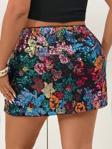 Femmeverse Jupe moulante fendue à sequins floraux grande taille pour femme, jupe trapèze polyvalente et à la mode - Multicolore - Voir 2