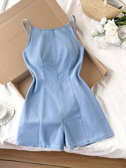 Comfortcana 女士休闲圆领吊带牛仔连体裤，夏季