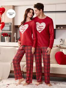 CoupledUp Valentine's Day Heart Print Contrast Color Plaid Long Sleeve Pants Men Pajama Set - Multicolor - View 2