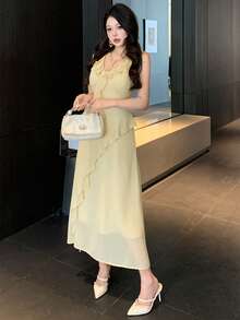 DAZY Đầm dài ngang gối không tay cổ chữ V xếp ly thanh lịch dành cho nữ, đầm dự tiệc cưới mùa hè. - Vàng nhạt - Xem 7