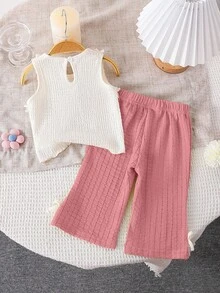 SHEIN Playful Pals Bộ đồ mùa hè cho bé gái, gồm áo tank top và quần dài chất liệu dệt họa tiết, kiểu dáng thường ngày. - Hồng - Xem 2