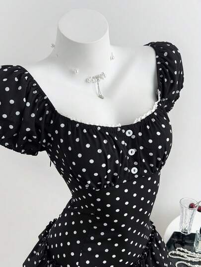 Elamini Vestido de mujer de cuello cuadrado negro cómodo con estampado de lunares, manga corta y volante en el bajo, adecuado para picnic, hogar, dulce, versátil, primavera/verano