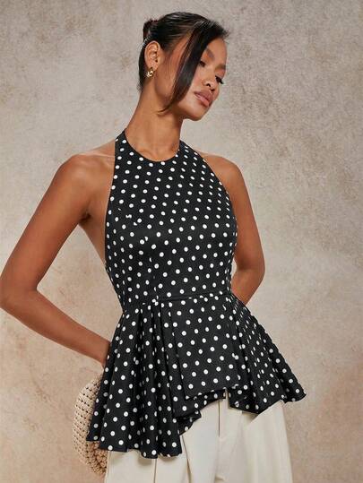 COSMINA Kadınlar için Puantiyeli Saten Kolsuz Asimetrik Etekli Vücuda Oturan Günlük Şık İşe Gidiş Geliş Tatil Parti Bluzu, Siyah Puantiyeli Kolsuz Bluz