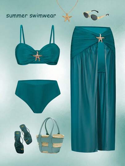  SWIM Oasis 3-Piece Women's Swimsuit Set, Includes Solid Color Metallic Accent, Adjustable Strap Camisole Top And High-Waist Slit Skirt, Fashionable Beach Resort Style Teal Bathing Suit Women S Beach Outfit Ocean Theme Outfit Pool Party Outfit Women Pool Outfits For Woman