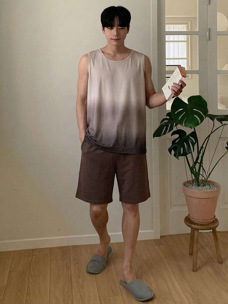 Men's Ombre Color Sleeveless Top And Shorts Pajama Set, Summer