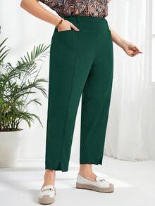 EMERY ROSE 大码女式纯色口袋锥形休闲/工作七分裤 - 墨綠色 - 查看 6