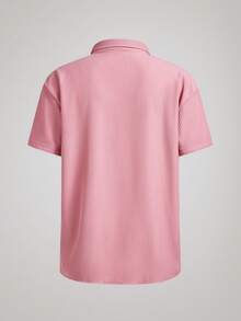 Officeau Old Money Style Men's Ribbed Knit Shirt Short Sleeve Lapel Shirt Solid Color Textured Pink Shirt For Summer Resort Vacation Casual Office Wear.Christmas&New Year's Excellent Gift For Dad Or Husband Spring To Summer - Red - View 2