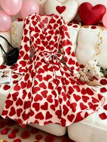Chiquease Đầm midi dài tay cổ chữ V thắt eo in hình trái tim dành cho nữ, kiểu dáng lãng mạn Pháp, thanh lịch, trang phục mùa xuân, đầm dài mùa hè, trang phục sinh nhật, đầm đỏ, đầm ngày Valentine, trang phục Valentine cho nữ, quần áo Valentine, trang phục ngày Valentine, đầm in hình trái tim, đầm đỏ in hình trái tim. - Đỏ - Xem 1