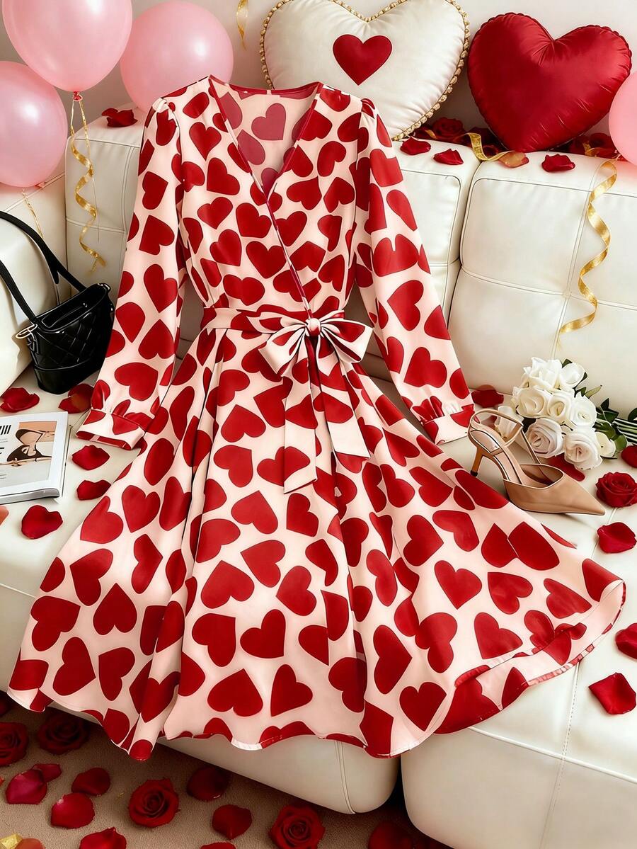 Chiquease Đầm midi dài tay cổ chữ V thắt eo in hình trái tim dành cho nữ, kiểu dáng lãng mạn Pháp, thanh lịch, trang phục mùa xuân, đầm dài mùa hè, trang phục sinh nhật, đầm đỏ, đầm ngày Valentine, trang phục Valentine cho nữ, quần áo Valentine, trang phục ngày Valentine, đầm in hình trái tim, đầm đỏ in hình trái tim. - Đỏ - Xem 1