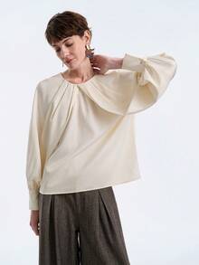 Aalyst 女士法式优雅奢华时尚圣诞派对简约高端休闲度假工作装复古舒适纯色缎面立领蝙蝠袖长袖衬衫，适合春、秋、冬季穿着。 - 杏色 - 查看 7