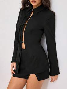 Aidyla 女士黑色斜纹长袖系带A字型优雅上衣和半裙两件套，春夏款 - 黑色 - 查看 1