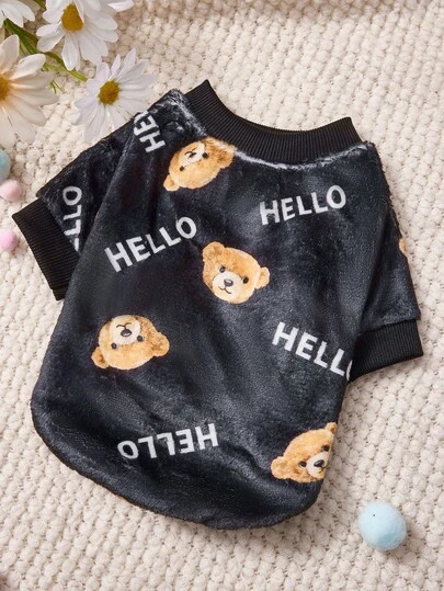 PETSIN 1 Printed Brown Bear Letter Flannel Sweatshirt, Thick And Warm For Pets In Autumn And Winter, Black