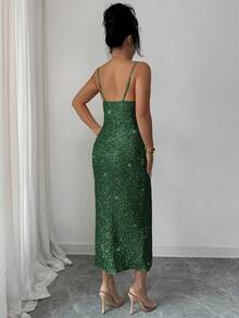 Elenzga 女士亮片吊带露背褶皱领口中长连衣裙，优雅法式复古简约百搭风格，适合冬季、万圣节、圣诞节、感恩节、下午茶会、半正式场合、性感派对、秋冬季穿着。 - 墨綠色 - 查看 2