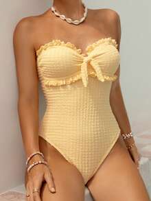 Swim Mod 女士优雅清新柠檬黄纹理抹胸连体泳衣，配有可拆卸肩带，2026 款显瘦收腹高衩泳衣，正面饰有荷叶边和系带细节，休闲可爱荷叶边沙滩装，适合春夏度假和泳池派对穿着 - 黃色 - 查看 3