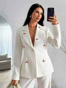 EURMUSE Women Red Color Rhinestone Detailed Blazer Jackets - White - View 1