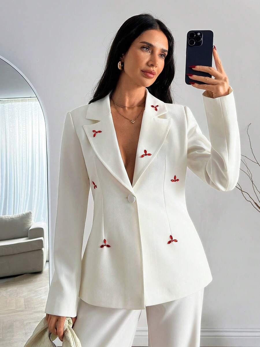 EURMUSE Women Red Color Rhinestone Detailed Blazer Jackets - White - View 1