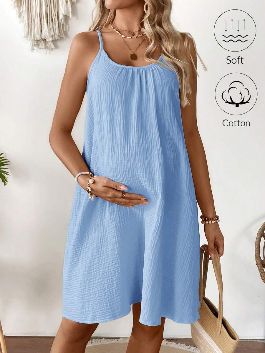 SHEIN Maternity Solid Color Ruched Casual Cami Dress - Blue - View 1