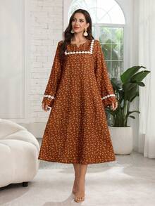 Lacomfia 女士休闲印花V领长袖宽松中长连衣裙，春秋季款 - 彩色 - 查看 4