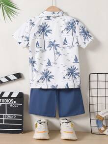 SHEIN Streecool Kids 男童棕榈树印花短袖衬衫和短裤两件套，休闲夏季服装 - 藍色 - 查看 2