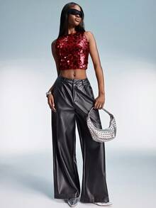 Aveloria GENKIRA Sequin Cropped Tank Top, Fashionable For Summer Party - Burgundy - View 7