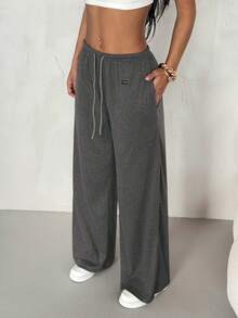 SHEIN PETITE Women's Casual Everyday Commute Versatile Drawstring Waist Loose Wide Leg Double-Sided Fleece Pants - Grey - View 3