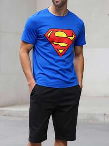 SUPERMAN X SHEIN Men's Letter Print Round Neck Blue Casual Short Sleeve T-Shirt Tight Fit Pajamas Superhero Shirt Blue T-Shirt
