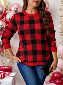 EMERY ROSE Autumn/Winter New Casual Versatile Houndstooth Design Round Neck Long Sleeve Pullover Sweater With Black Decorative Buttons For Women, Fitted Waist - Multicolor - View 4
