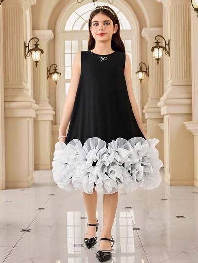 SHEIN Tween Girl Elegant Luxurious Rhinestone Bow Contrast Color Organza Ruffle Exaggerated Hem A-Line Princess Dress, Suitable For Spring/Summer, Wedding, Party, Black & White