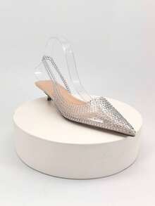 CUCCOO SZL Bailarinas con tira trasera y adorno de strass con tacón de gatito para mujer - Albaricoque - Ver 8