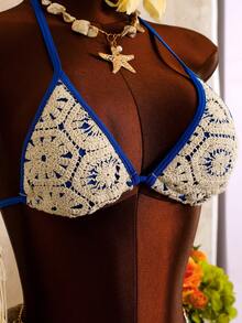 Bellisia Women's Summer Beach Crochet Floral Halter Tie Sexy Bikini Set With Coverup And Skirt - Apricot - View 6