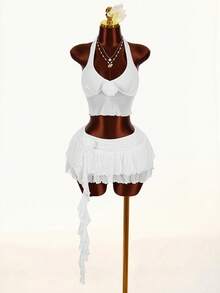 Amplova 2026早春新款露脐流苏白玫瑰衬衫和低腰A字裙女士两件套 - 白色 - 查看 4